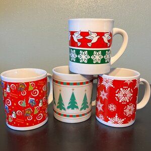 Lot of 4 Christmas Winter Holidays Colorful Mugs ~ Musical ~ Snowflakes ~ Doves
